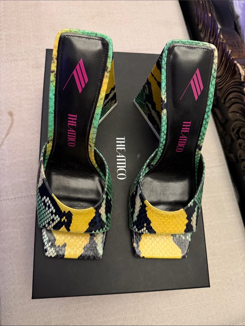 The Attico Yellow Green Black Snakeskin Block Heel Mules